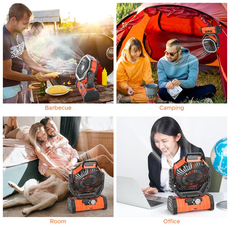 Cordless 20000mAh Rechargeable Portable Camping Fan with LED Lights, Remote Control, Foldable Hook, 4-Settings Wind Speeds, USB-C Port