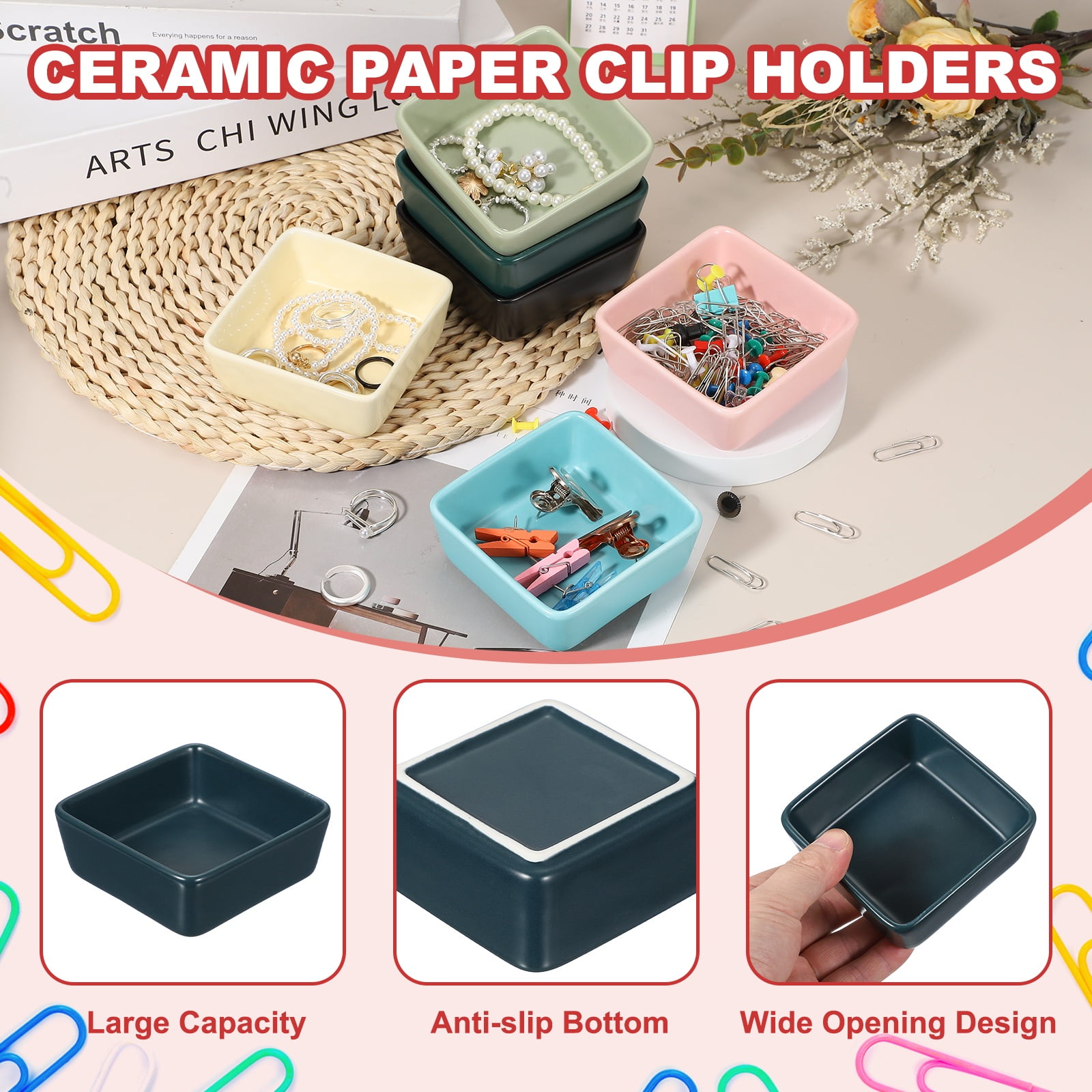 Uxcell Square Paper Clip Holders, 2 Pcs Ceramic Clip Dispenser Organizer Desk Organizer Accessories for Office Desktop Decor Bobby Pin Binder Paper Clamp, Navy Blue