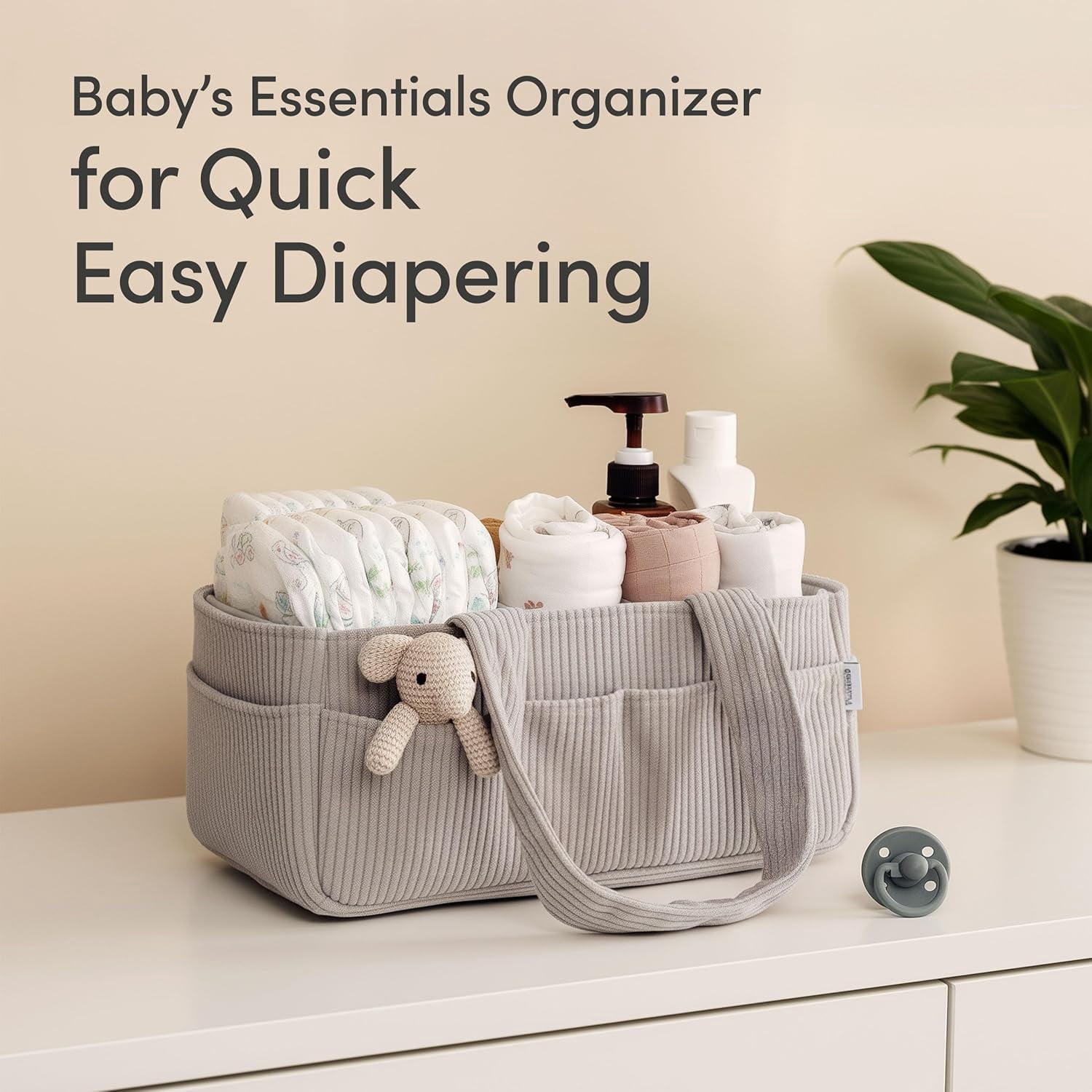 Baby Diaper Caddy Organizer for Changing Table – Stylish Nursery Storage Basket, Newborn Essentials, Baby Shower Gifts and Registry Must-Haves for Boy or Girl, Car Diaper Caddy, Corduroy Grey
