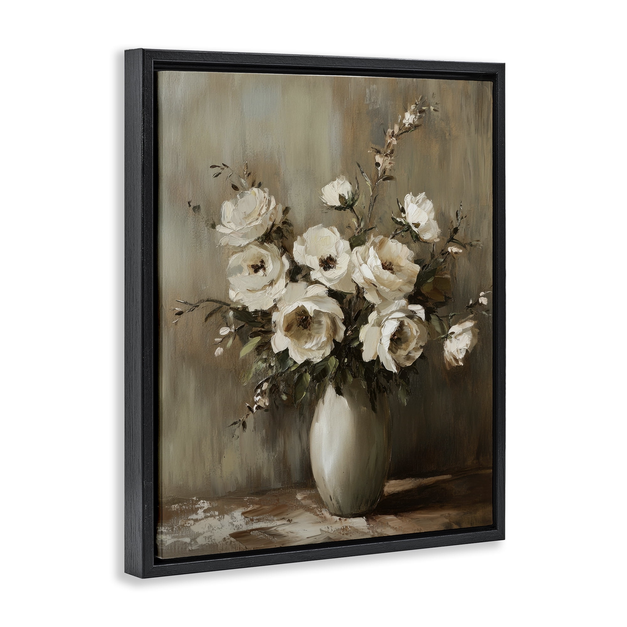 Stupell Industries Neutral Traditional Bouquet Plants & Flowers Painting Black Floater Framed Canvas Art Print Wall Art, 25 x 31