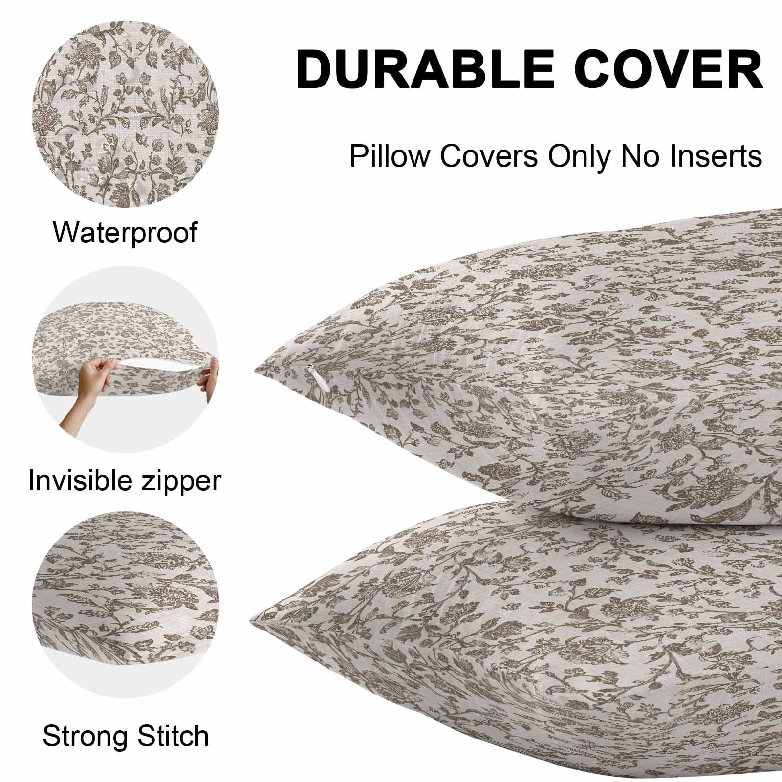 Farmhouse Brown Waterproof Outdoor Throw Pillow Covers 20''x20'' Pack 2, Pillow Cases Throw Cushion Cover with Zipper, Vintage Flower Leaf Botanical Plant Washable Pillowcase for Poolside Sofa