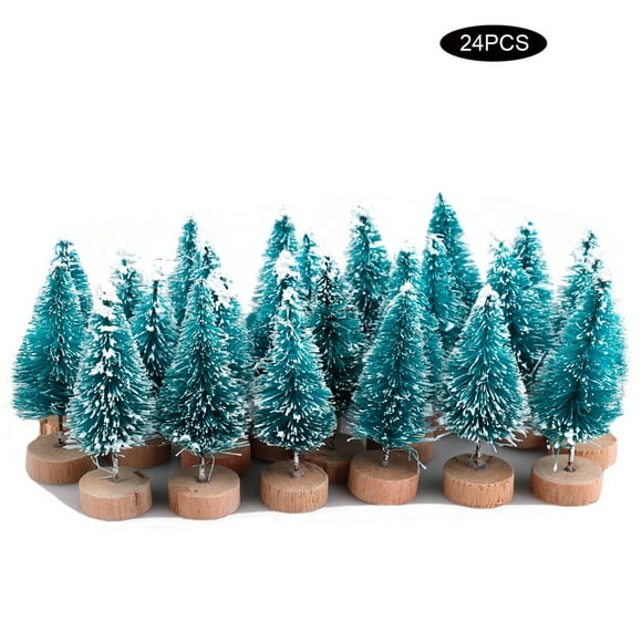 24Pcs Mini Blue Pine Trees Kit Sisal Snow Frost Trees with Wood Base Bottle Brush Trees Plastic Winter Snow Decoration Desktop Trees Crafting Party Favors