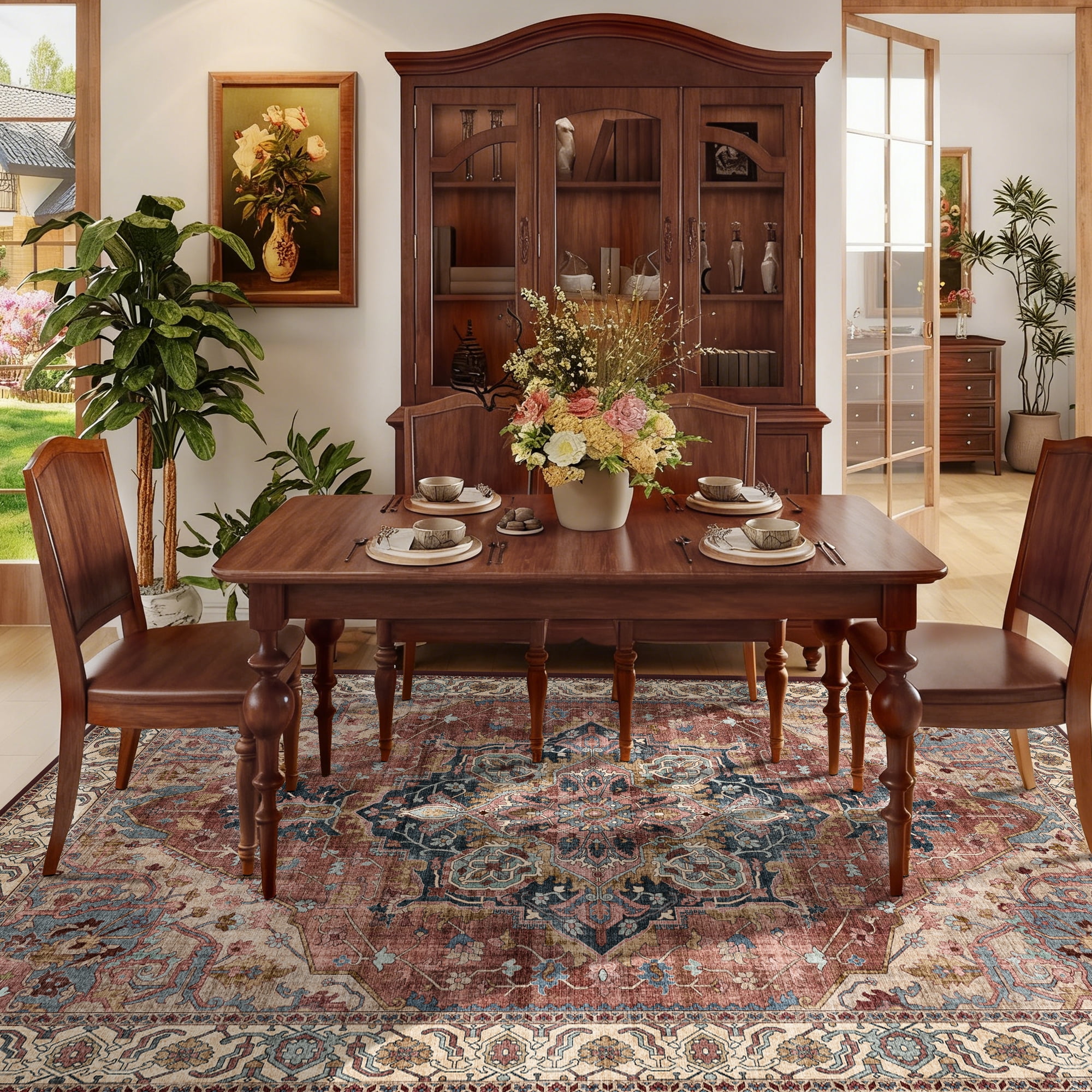 ATHOPE 5x7 Area Rugs for Living Room Bedroom, Washable Soft Rug with Non-Slip Backing, Large Floral Vintage Distress Print Pattern Carpet, Brick Red