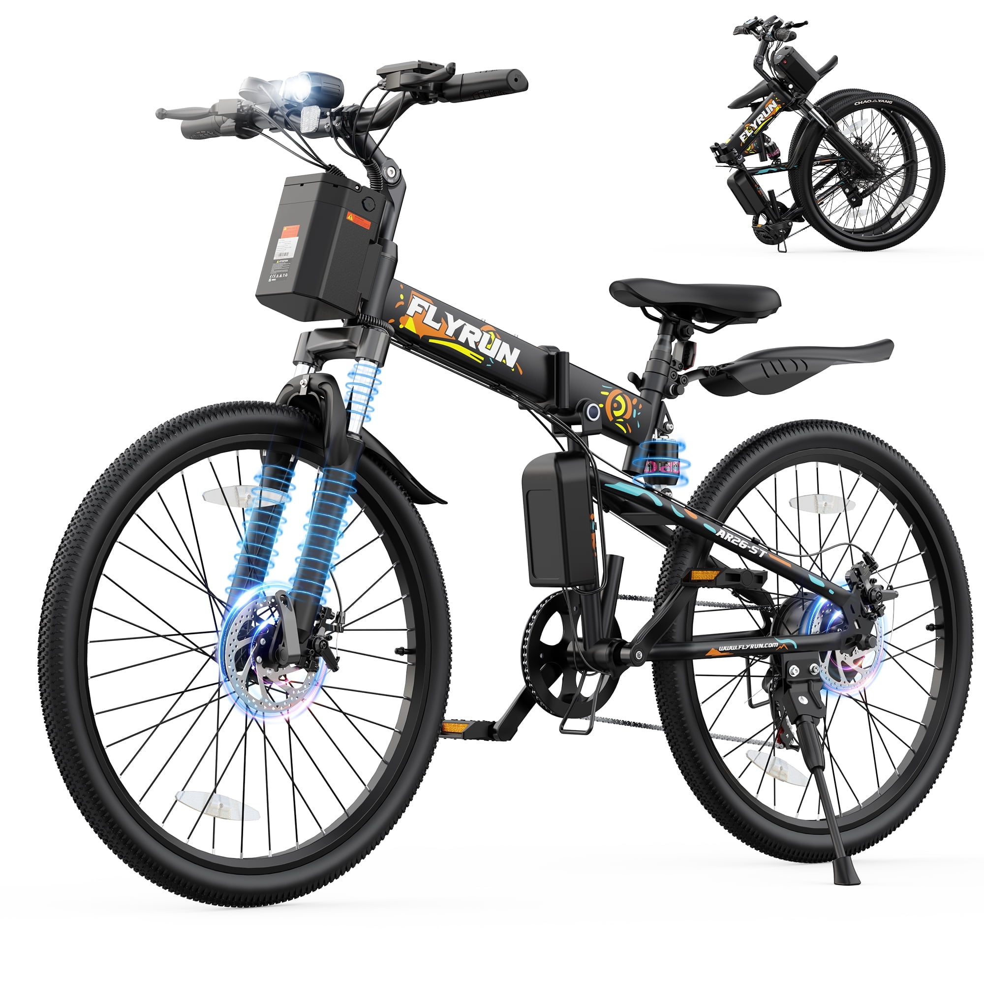 FLYRUN 26" Electric Bike,7-Speed City Bicycle for Adults,Foldable Ebike with Peak 750W Motor,48V 374.4Wh Removable Battery,LCD Display,Full Suspension,Up to 20 MPH,UL2849