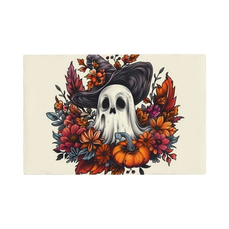 

Table Placemats Set of 6 - Halloween Pumpkin Flower Ghost 12x18 In Faux Linen Double Heat Resistant Place Mats Cloth Indoor/Outdoor Placemats Washable Table Mats for Dining Kitchen Party