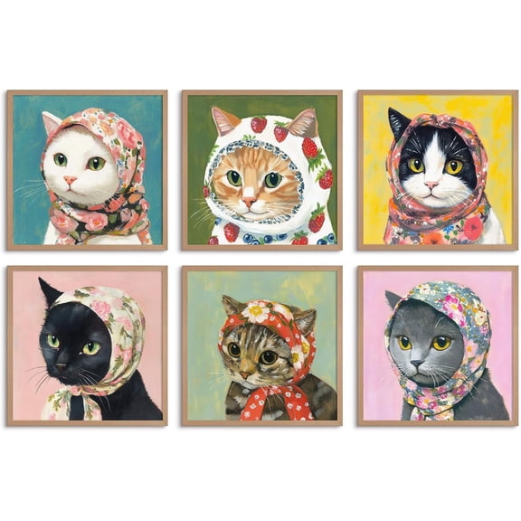 Tocliky Babushka Cat Wall Art Vintage Funny Farmhouse Wall Decor Famous Monet Cute Canvas Poster Funny Feline Painting Cute Cottagecore Cats Pictures for Bathroom Bedroom 8x8 Inch Unframed Set of 6