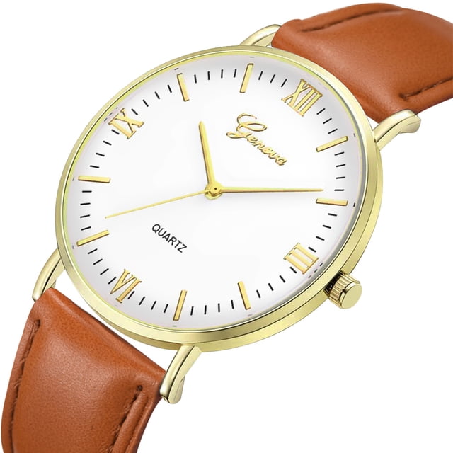 Reloj de cuarzo marrón dorado y blanco, diseño unisex, correa de PU, esfera de cristal redonda, reloj de pulsera de estilo universal