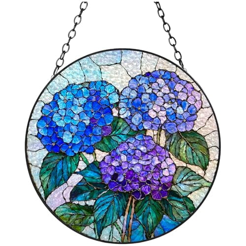Stained Glass Suncatcher Hydrangea Flowers Handmade Window Hanging Colored Glass Suncatcher Crafts Kits for Indoor Garden Christmas Decor Memorial Gift 20x20cm-1