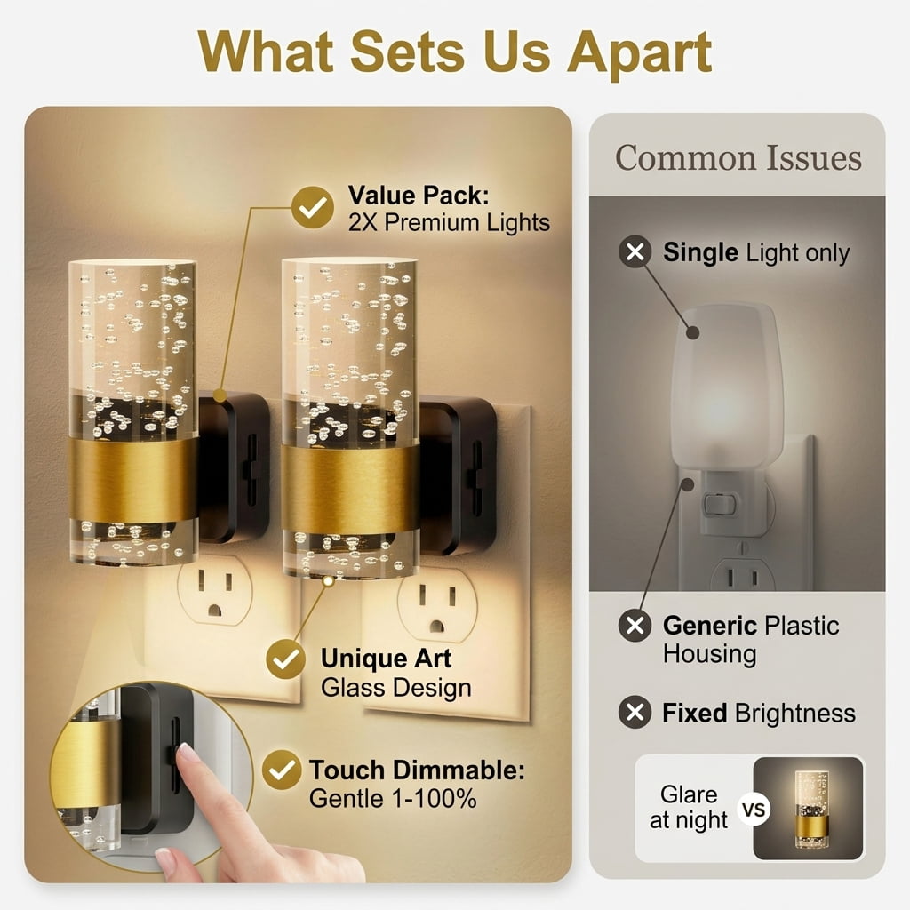 Beslands 2 Pack Dimmable LED Night Light Plug into Wall with Auto Light Sensor, Adjustable Brightness for Bathroom, Bedroom, Hallway, Stairway - Modern Acrylic Bubble Style (Gold) for Summer