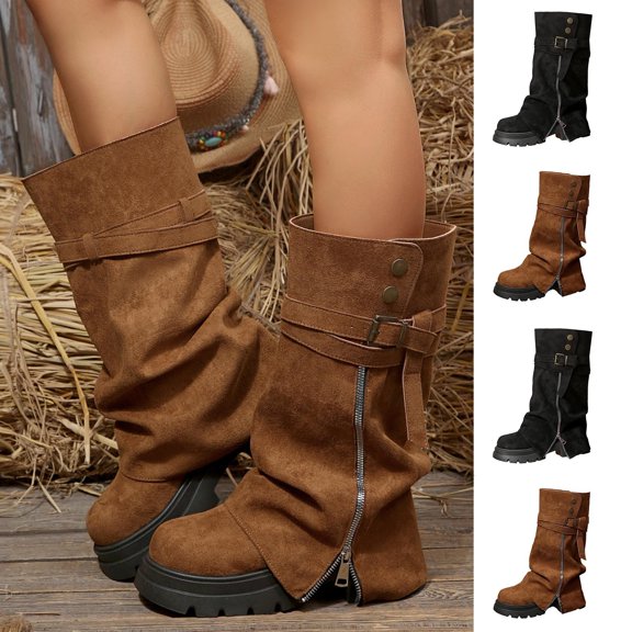 Women Solid Color Round Toe Side Zipper Buckle Strap Ruched Mid Calf Boots Faux Suede Block Mid Heel Winter Casual Boots US Size 5 To 8.5 Brown
