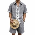 thumbnail image 6 of JUUYY Men's Linen 2 Piece Sets Short Sleeve Loose Fit Collar Button Down Shirt Shorts with Pocket Set Casual Summer Beach Outfits Dark Gray XXXL, 6 of 9