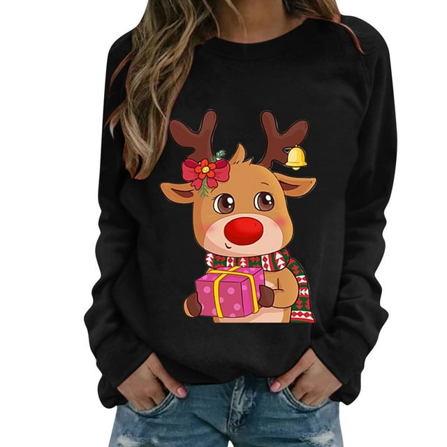 Sweat-shirt de Noël Femmes Imprimé Pull de Mode Mi Longueur Veste Col Rond Pull Chaud Fermeture à Manches Longues Cardigan Vacances Xmas Outwear