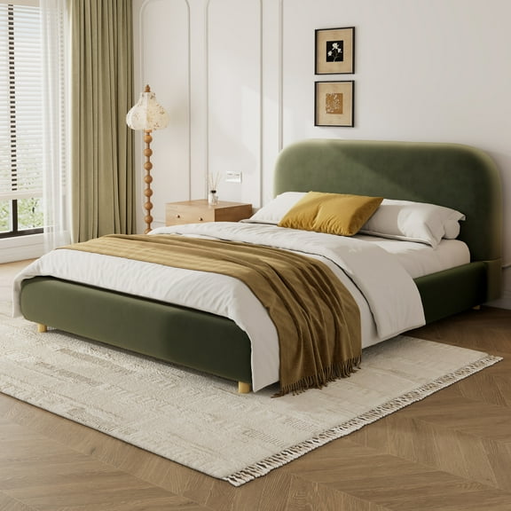 Christopher Knight Home Queen Size Bed Frame, Velvet Upholstered with Curved Thick Headboard, Olive Green