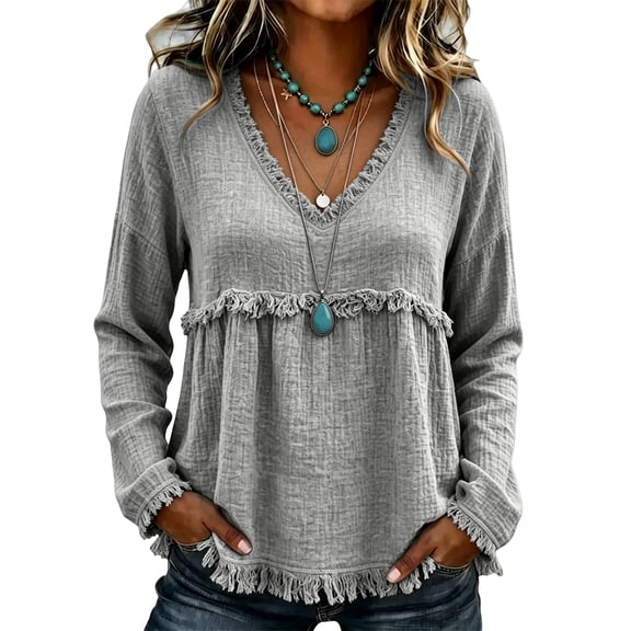 Retro Fringe Long Sleeve Tshirt for Women Fall Casual V Neck Raw Hem Soft Beach Shirts Gray S