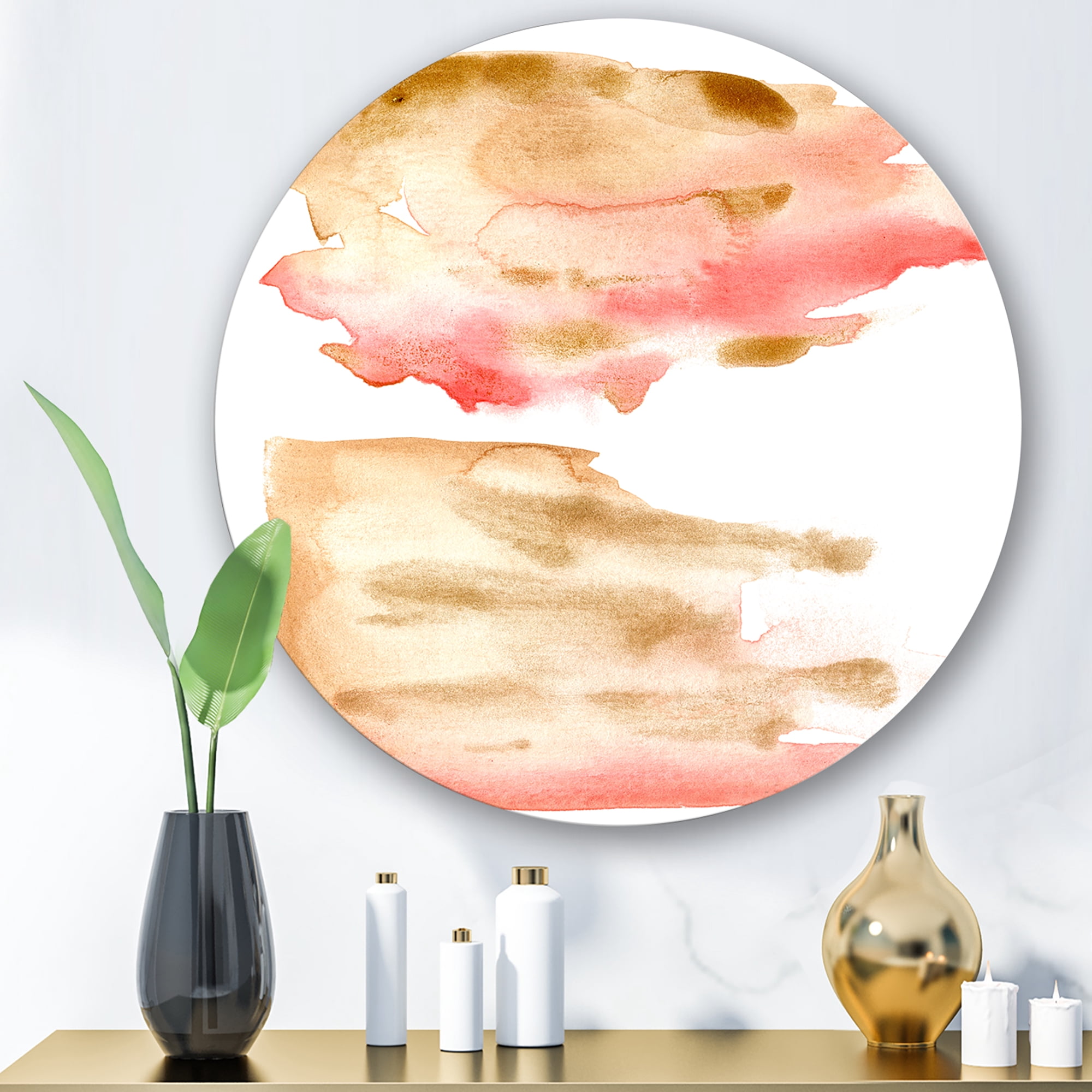Designart 'Red Pink Gold and Beige Abstract Clouds' Modern Circle Metal Wall Art 23x23 - Disc of 23