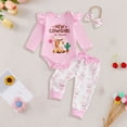 thumbnail image 2 of CAICJ98 3PCS Western Baby Girl Outfit Ruffled Long Sleeve Romper Bow Cow Print Pants Headband Set Cowgirl Clothes,Size 3-6 Months, 2 of 4