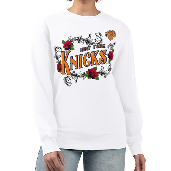Women's G-III 4Her by Carl Banks White New York Knicks Roses Fleece Tri-Blend Sweatshirt