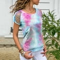 thumbnail image 2 of Womens Tie Dye Printed Ripped Cut Out Short Sleeve Stretch Casual Loose Tops T-shirts, Blue+red, X-Large, 2 of 5