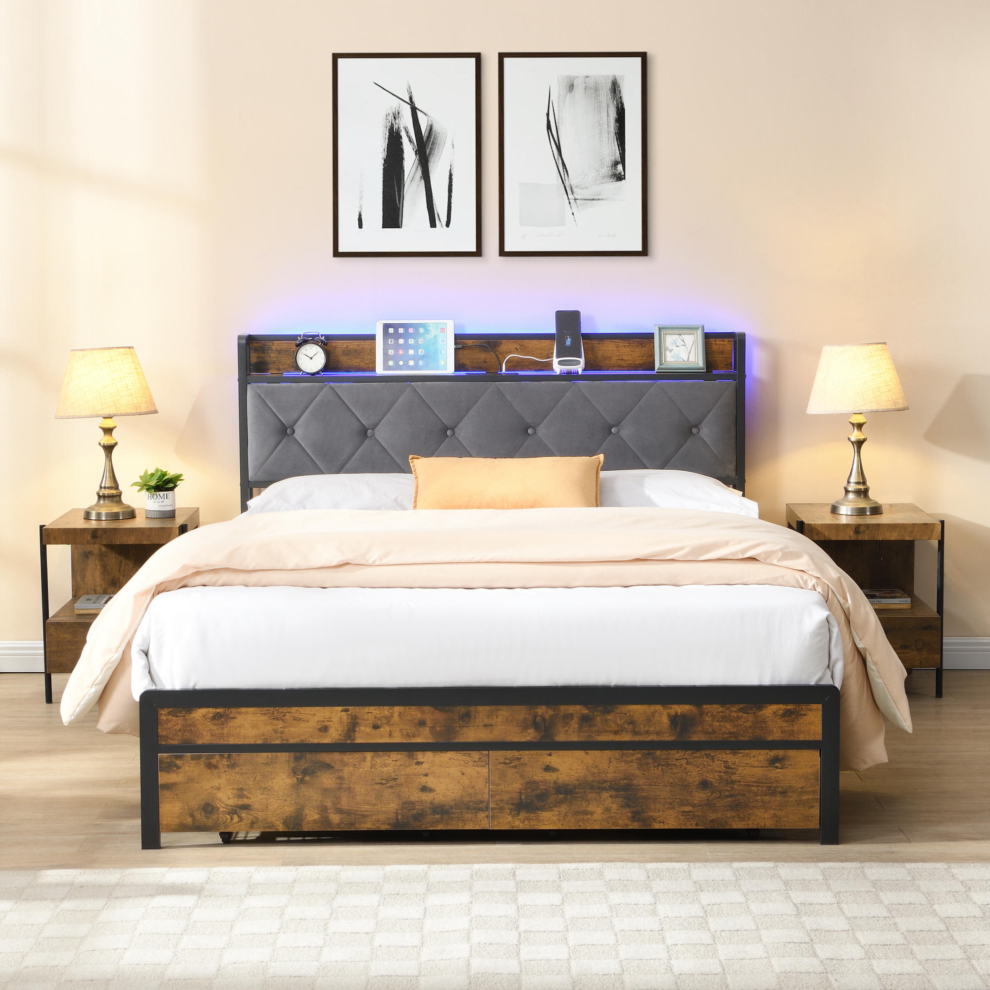Leumius Queen Size Bed Frame with LED Lights, Metal Platform Bed with Upholstered Headboard & 2 Drawers, USB & Charging Station, Queen