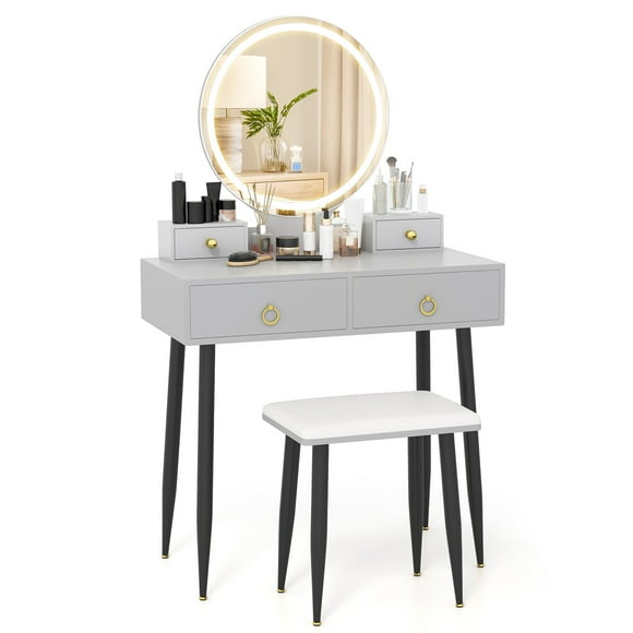 Patiojoy Makeup Vanity Set Dressing Vanity Desk w/ Mirror & 3-Color Dimmable LED Lights Gray