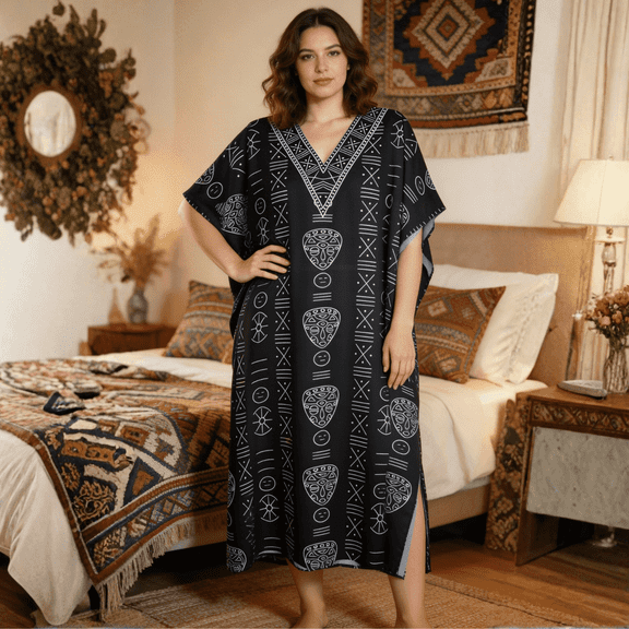 Oussum Kaftan Dresses for Women Plus Size Tribal Black Maxi Dress, Polyester V-Neck Kimono 3/4 Sleeve Beach Cover Up, One Size 1X–3X