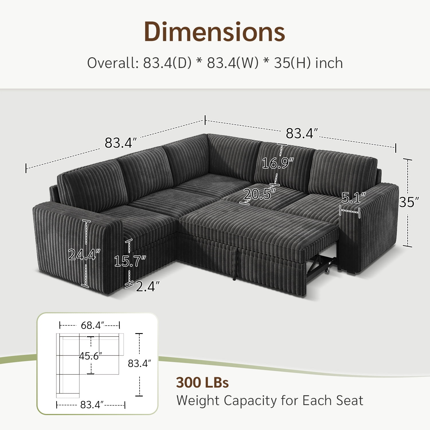 Marrber 84" Large Sectional Sofa with Pull-Out Sleeper Bed, Reversible Chaise & Hidden Storage, Pet-friendly Corduroy for Living Room, Gray
