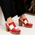 thumbnail image 4 of XYD Women Clog Mules Open Toe Multicolor Patchwork Platform Block Heels Rivets Studs Slip-ons Retro Shoes Size 7.5 Red White, 4 of 4