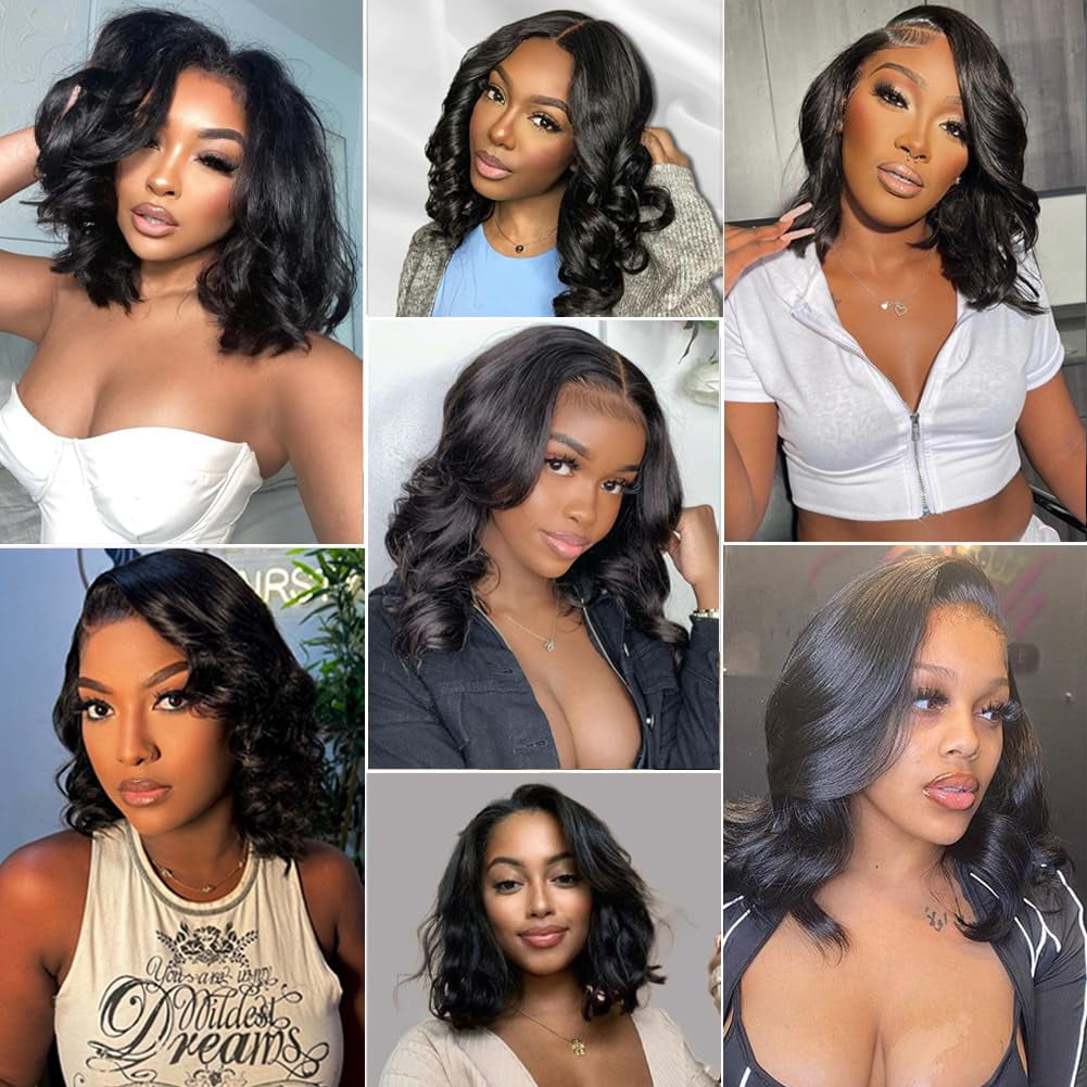 Short Body Wigs for Black Women Human Hair Pre Plucked Glueless Body Wave Lace Front Wigs Human Hair with Baby Hair 13x4 HD Transparent Lace Frontal Wigs with Natural Hairline 14 Inch