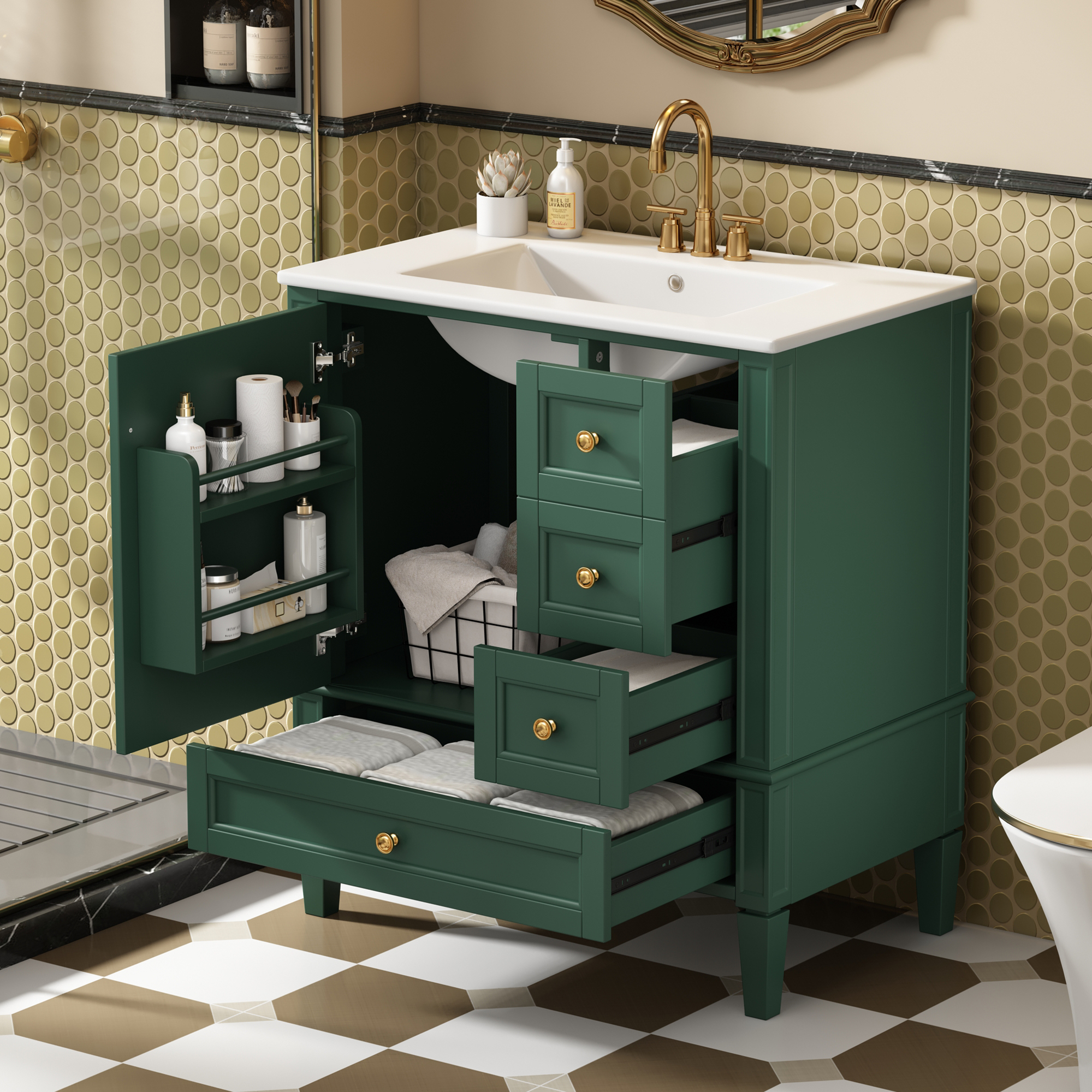 Euroco 30 Inch Bathroom Vanity with Ceramic Sink, Bathroom Vanity with 3 Drawers, Solid Wood Frame Modern Bathroom Storage Cabinet , Ideal for Home