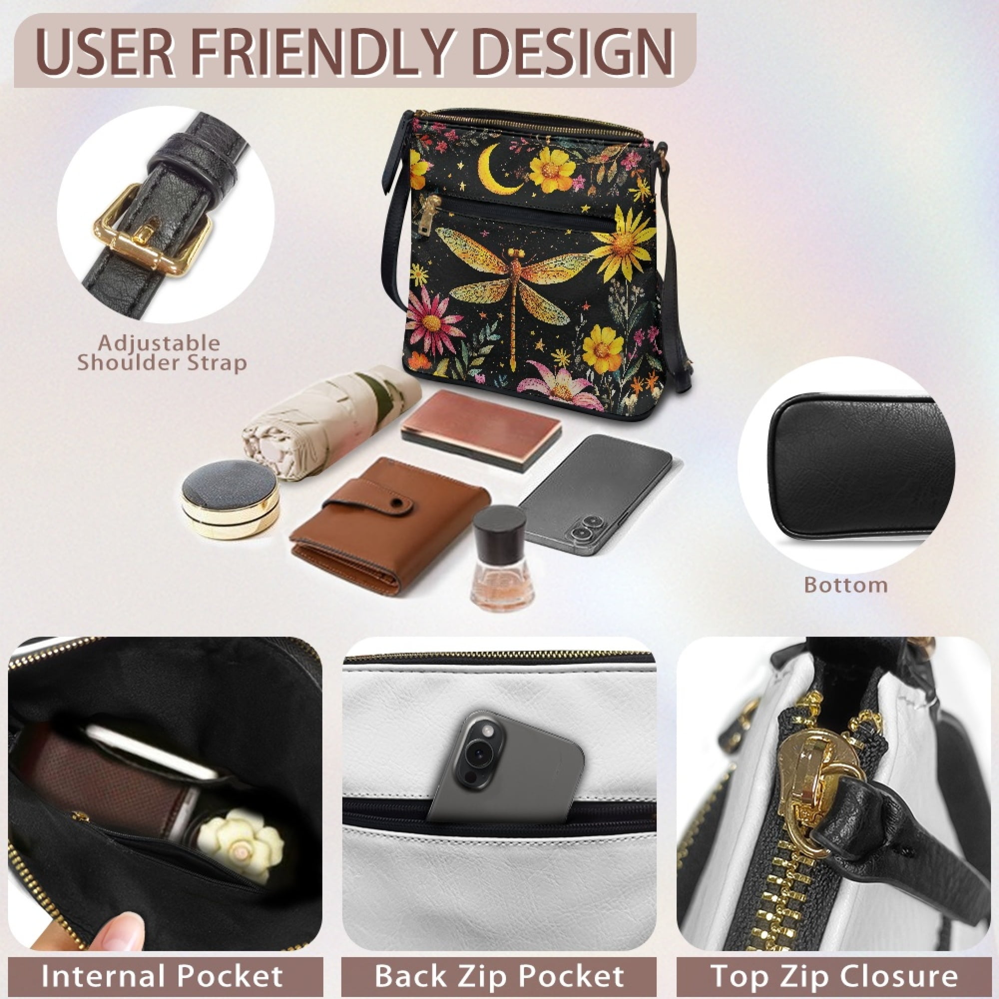 Kuiaobaty Dragonfly Daisy Moon Print Crossbody Bag for Women, Casual Medium Size Vegan Leather Shoulder Handbag Crossbody, Waterproof Sling Purse with Adjustable Strap for Travel