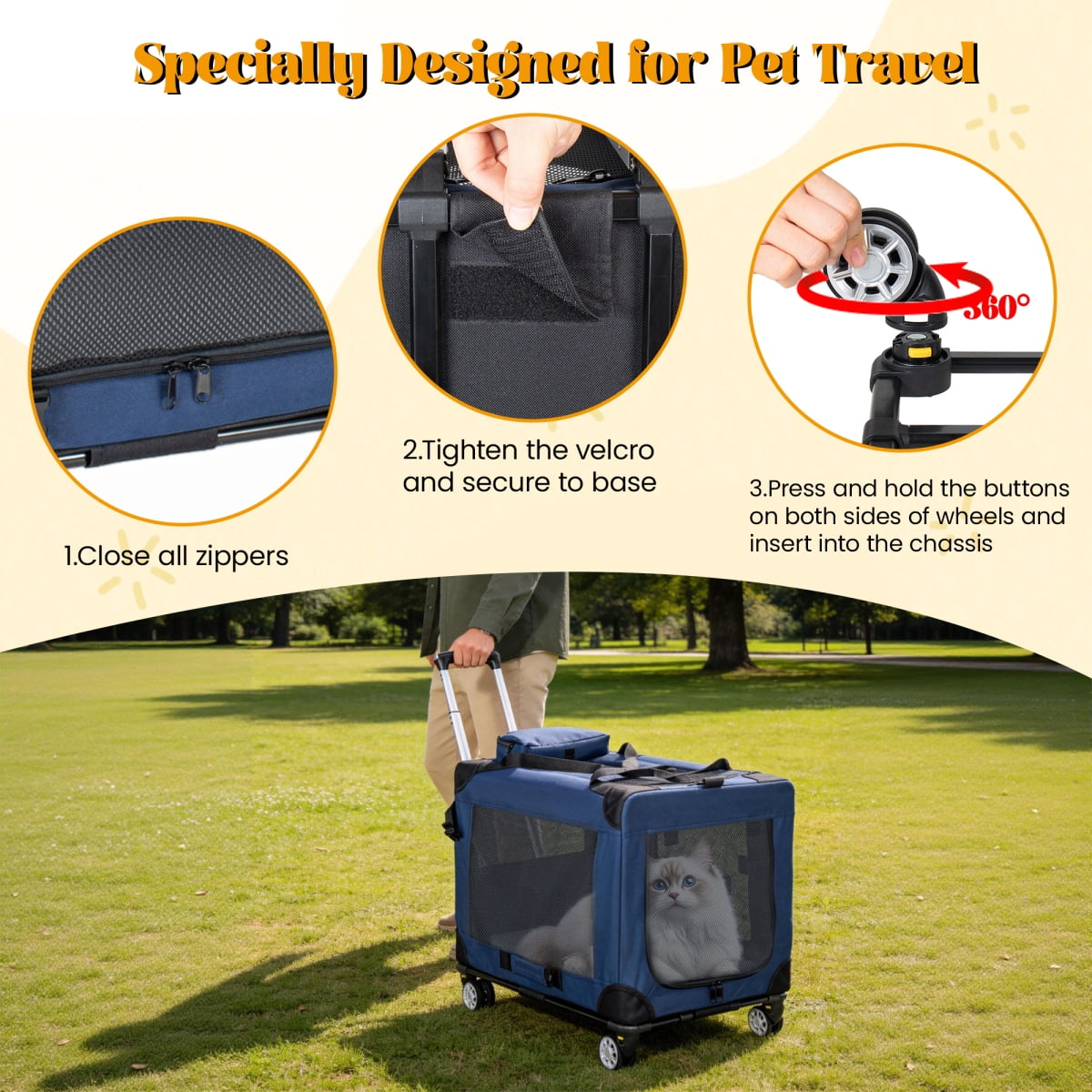 28" Collapsible Travel Dog Crate with Wheels, 3-Door Rolling Pet Carrier for Medium Large Dogs, Foldable Kennel with Mesh Windows (Dark Blue)
