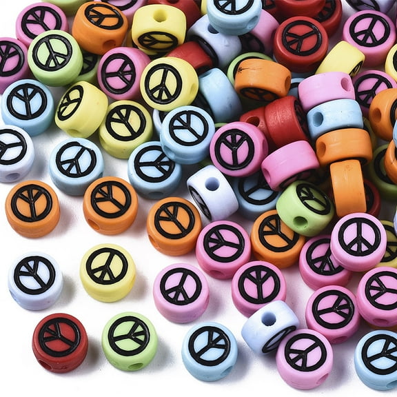 Opaque Acrylic Beads with Enamel Flat Round with Peace Sign Mixed color 7x4mm Hole: 1.6mm