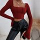 thumbnail image 2 of Mujeres Top manga larga contraste puntada Slim equipada tie back color puro acanalado knit pullover camiseta vino rojo M, 2 of 8