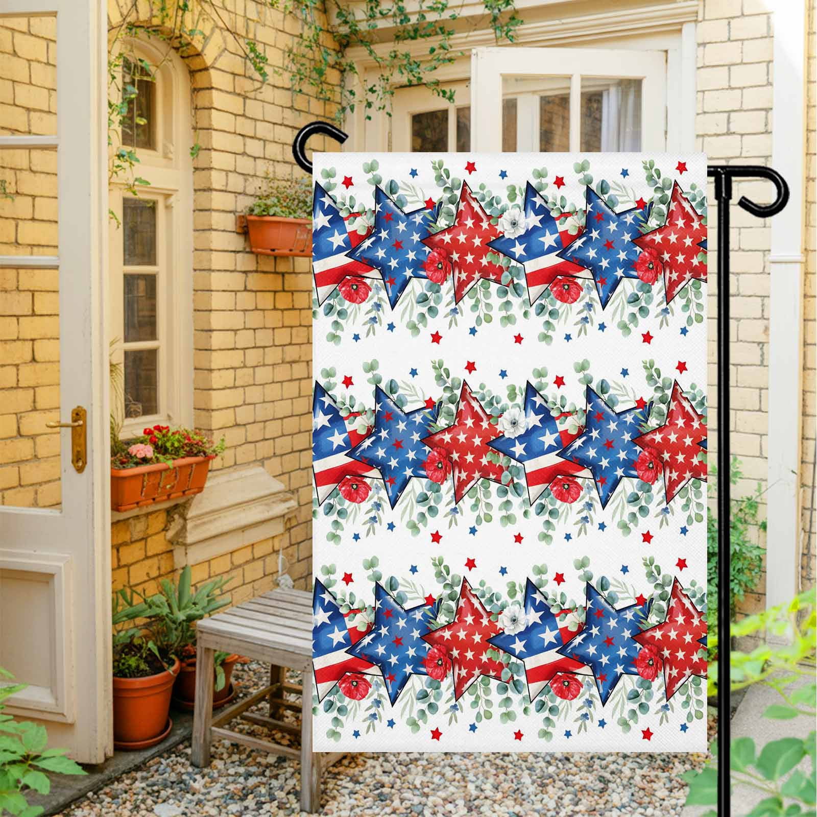 4th of July Garden Flags Patriotic Star Poppy Garden Flag Double Sided Welcome Flag Eucalyptus Leaves USA Flag Independence Day Yard Flags for Outdoor Lawn Porch Memorial Day Decor 28x40 Inch