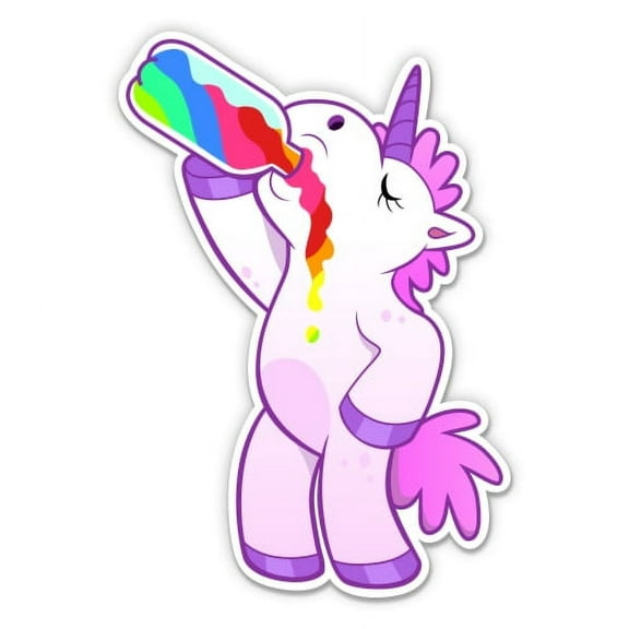 Unicorn Drinking Rainbow Juice Funny - 3" Vinyl Sticker - For Car Laptop I-Pad Phone Helmet Hard Hat - Waterproof Decal