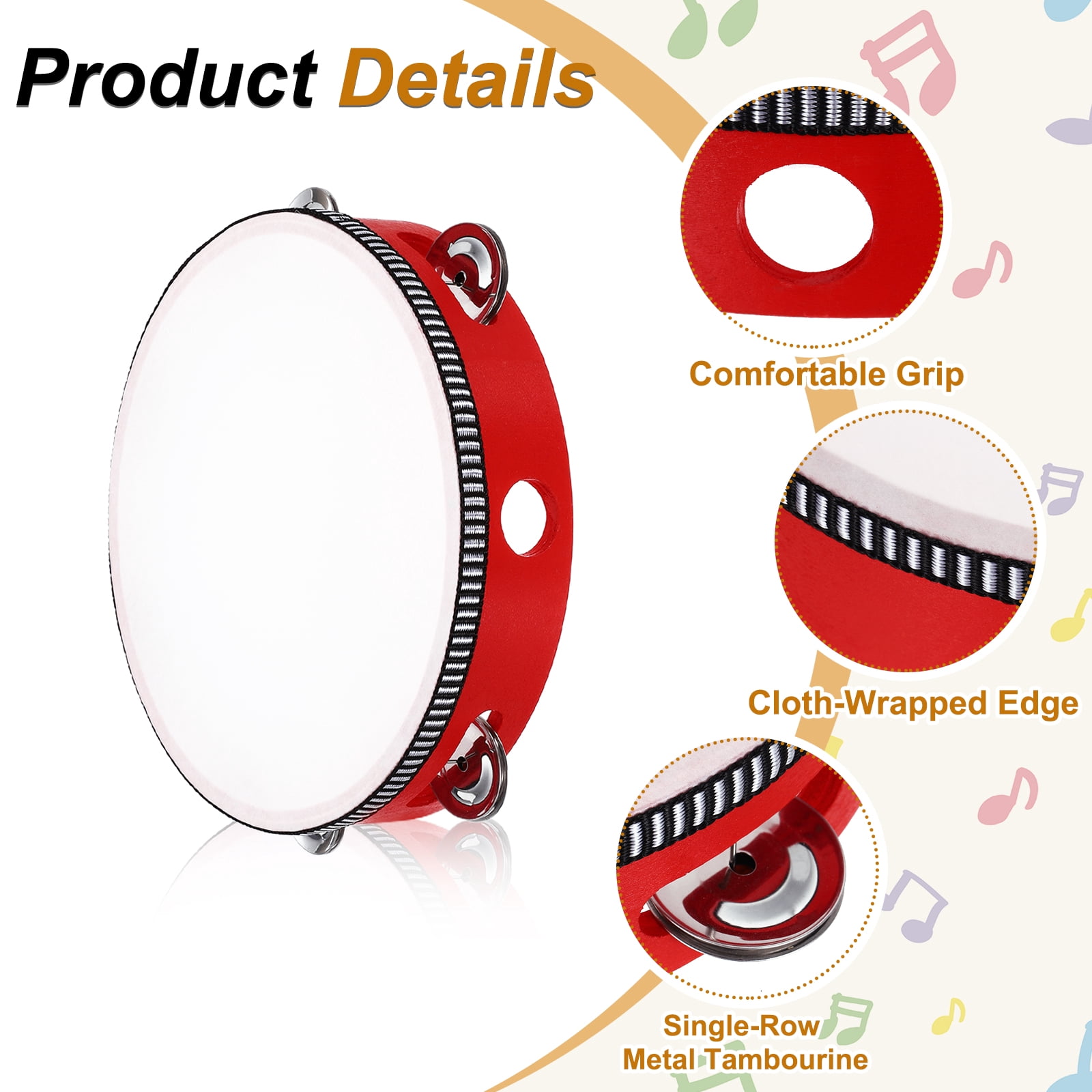 Uxcell 1 Pcs Tambourine Drum 8 Inch Wood Hand Held Tambourine Single Row Metal Jingle Percussion Musical Drum Instrument for Adults Church Wedding Party Games, Red