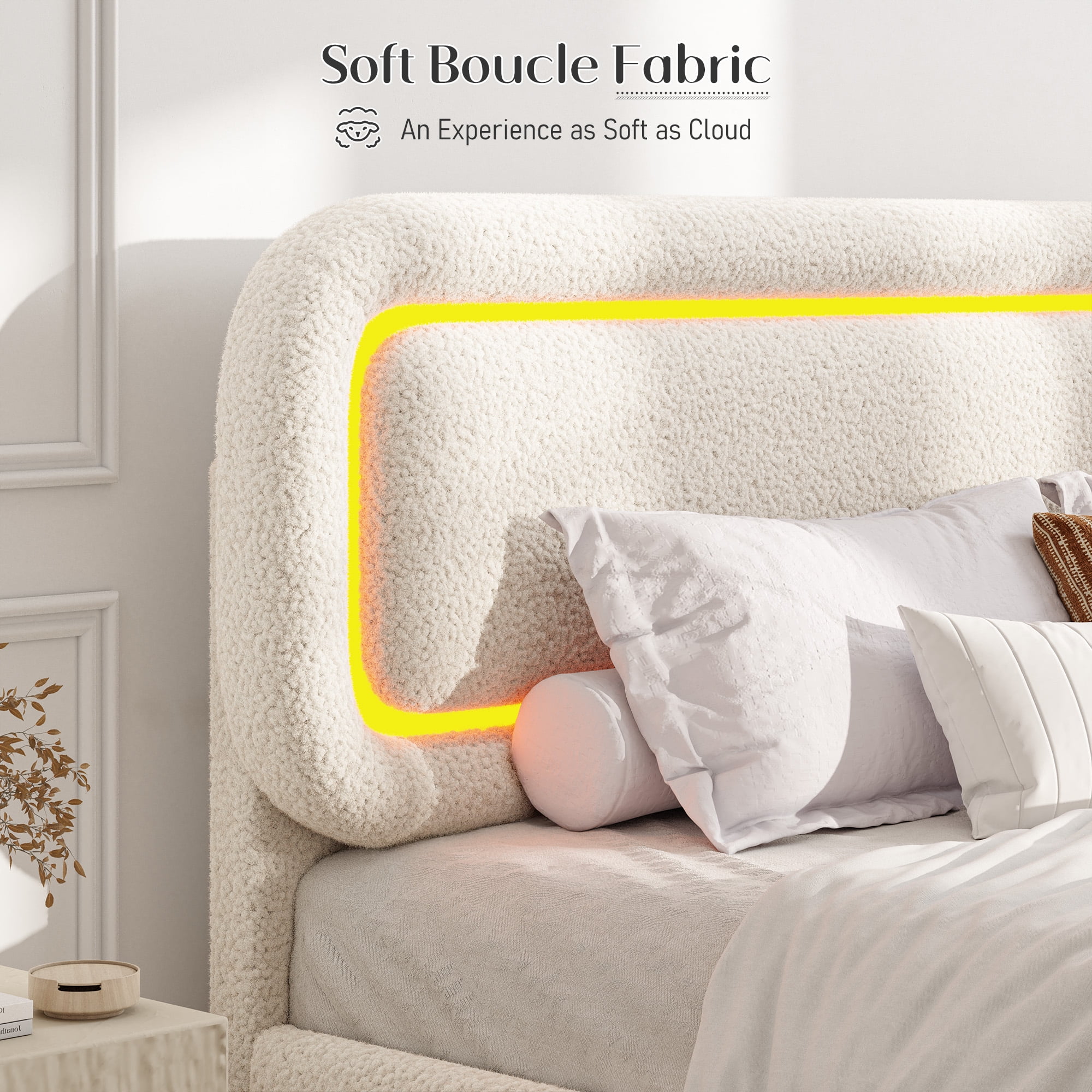 EnHomee Boucle Bed Frame with Rounded Corner Cloud Bed Frame with Headboard Upholstered Bed Frame Queen Size ,Beige