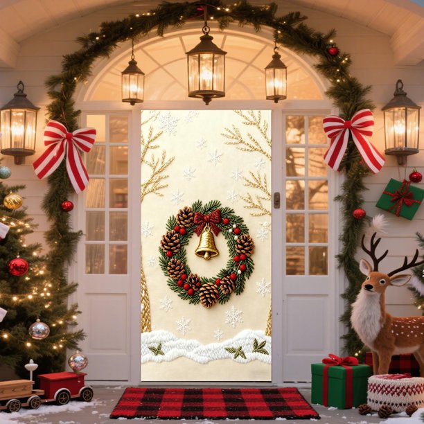 35 X 72 In Stereoscopic Embroidery Style Christmas Door Cover Christmas Door Curtain Christmas Day Door And Wall Decoration Festival Party Decoration