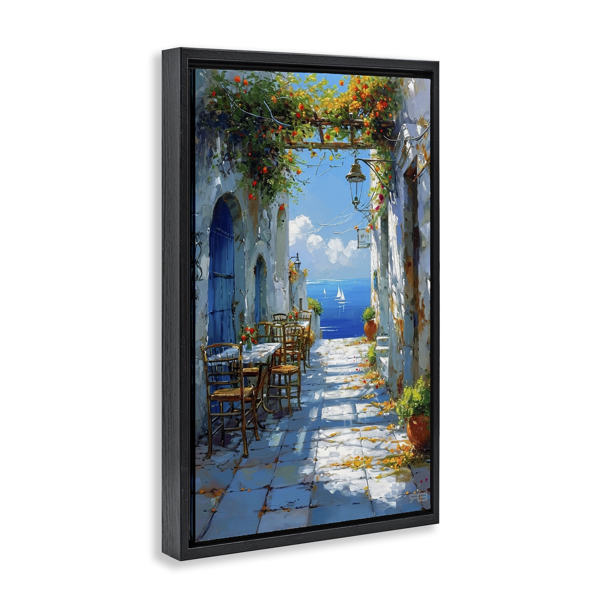 Stupell Industries Quaint Alley by Sea Cities & Countries Painting Black Floater Framed Canvas Art Print Wall Art, 17 x 25