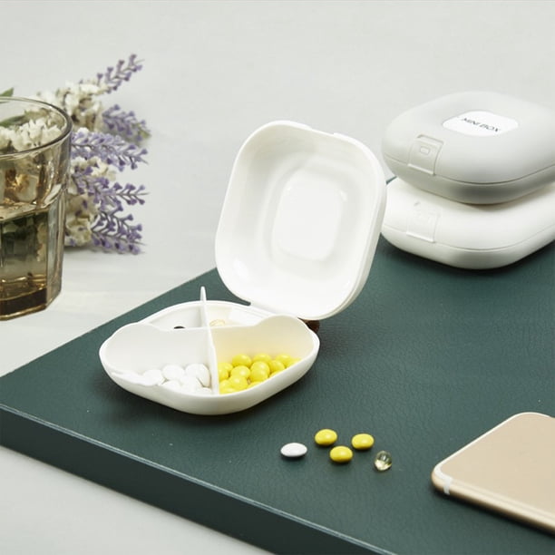 Caja organizadora de vitaminas – Caja de pastillas con cuatro compartimentos | Tamaño de bolsillo y cartera | contiene aceite de pescado, suplementos, vitaminas | Sello a prueba de humedad | Blanco