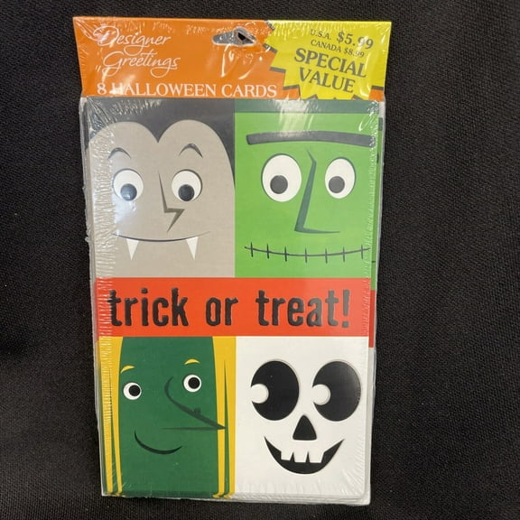 Designer Greetings Dracula, Frankenstein, Witch and Ghost Faces Panels Package of 8 Juvenile Halloween Cards
