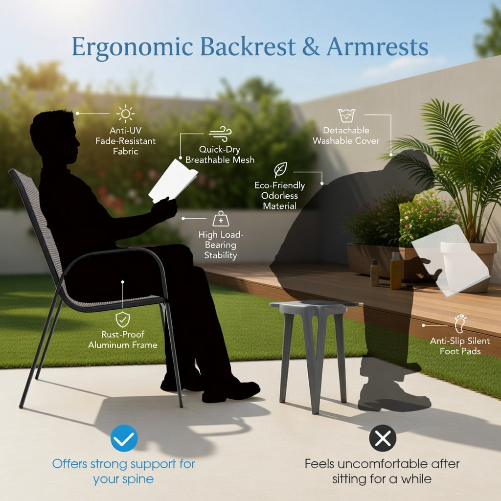 Hommoo 6-Pack Stackable Outdoor Dining Chairs, Breathable Fabric Seat, Curved Armrests, Heavy-Duty Steel Frame, Ideal for Patio, Backyard, Poolside & Balcony, Brown