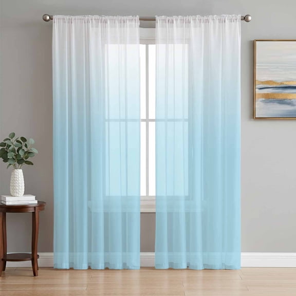 Blue White Ombre Semi Sheer Curtains 72 Inch Length 2 Panels Set, Gradient Color Modern Abstract Art Sheer Kitchen Curtain Privacy Voile Window Curtain for Living Room Bedroom Rod Pocket Drapes