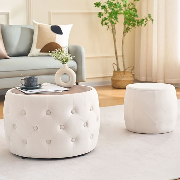 S-HOME 4-in-1 Function Velvet Nesting Ottomans Pair, Round Storage Stool with Wood Tray, Ready to Use No Assembly, Beige