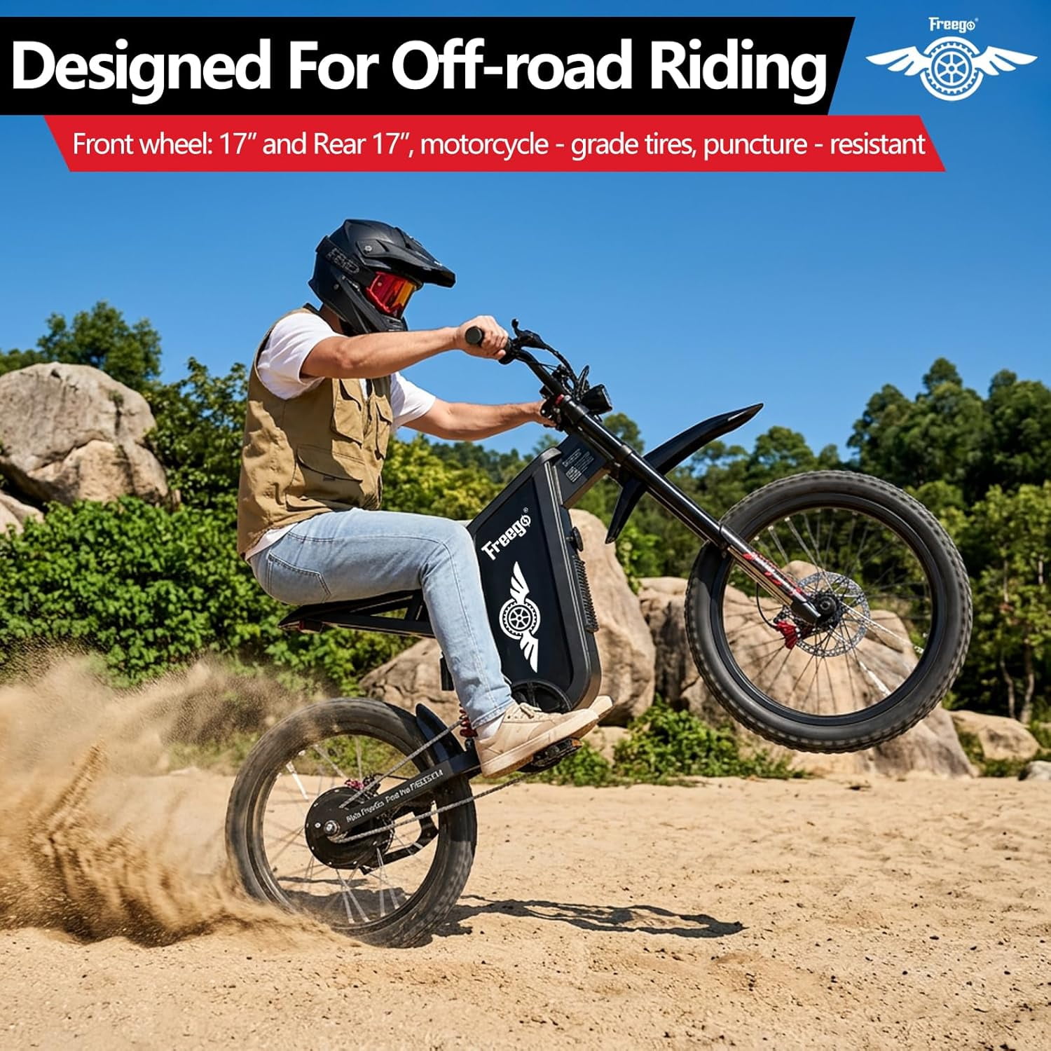 Freego X1 Electric Bike for Adults with Pedals,3000W Peak Motor 60V 25Ah Battery, 37 MPH Top Speed 150N·m Torque, Full Suspension Hydraulic 4-Piston Brakes, 17" All-Terrain Tires