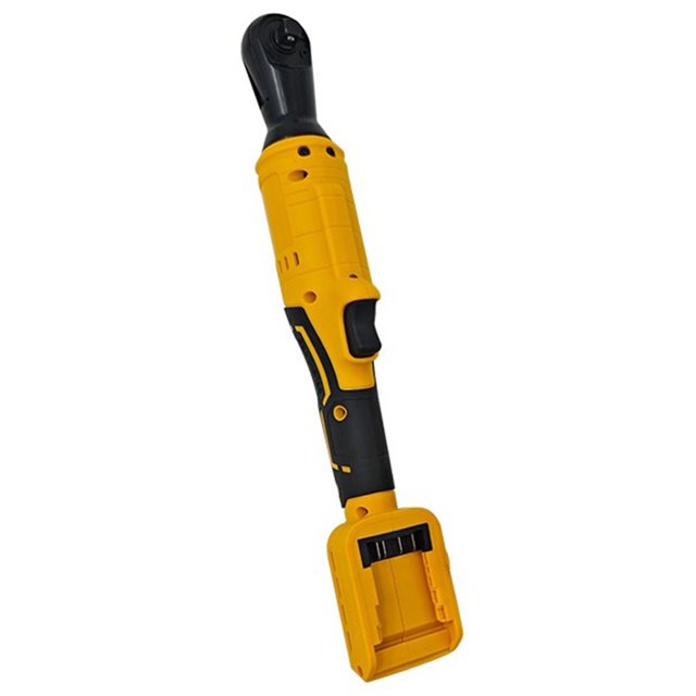 llave de trinquete eléctrica sin escobillas, destornillador inalámbrico de 1/2 pulgada, cuerpo amarillo y negro en vista frontal con cabeza de trinquete angular, gatillo en el mango y soporte para batería en la base; para pernos M5-M12, par máximo 130 N·m y velocidad 0-800 rpm; también apta para reparaciones mecánicas domésticas y automotrices.