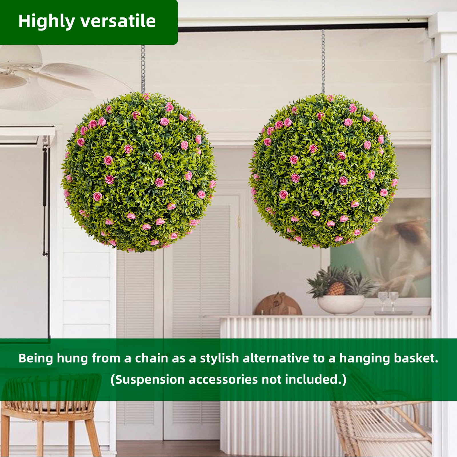 Tzou 2Pcs Artificial Boxwood Topiary Ball with Flowers, 20.5" Faux Hanging Greenery Ball for Outdoor Planters, Porch, Balcony, Home Decor