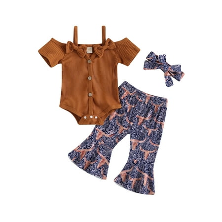 

jaweiwi Baby Girls Summer Jumpsuits Clothes Set 0 6M 12M 18M 24M 3T Button Short Sleeves Romper and Cow Head Flower Print Elastic Flare Pants Headband