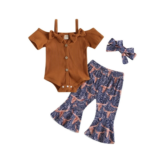 Bagilaanoe 3pcs Toddler Baby Girl Long Pants Set Short Sleeve Romper Tops + Flower Print Flare Trousers + Headband 6M 12M 18M 24M 3T Kids Casual Outfits