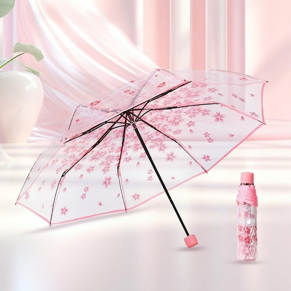 Folding Umbrella for Rain, Cute Transparent Cherry Blossom Umbrellas, Portable Waterproof (Pink)